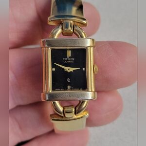 Ladies Citizen Gold Tone Quartz Watch Rectangle Face Bangle Bracelet